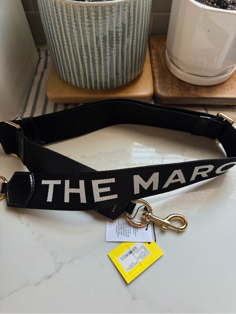 Marc Jacobs Black and White Logo Webbing Guitar Strap with Gold Hardware